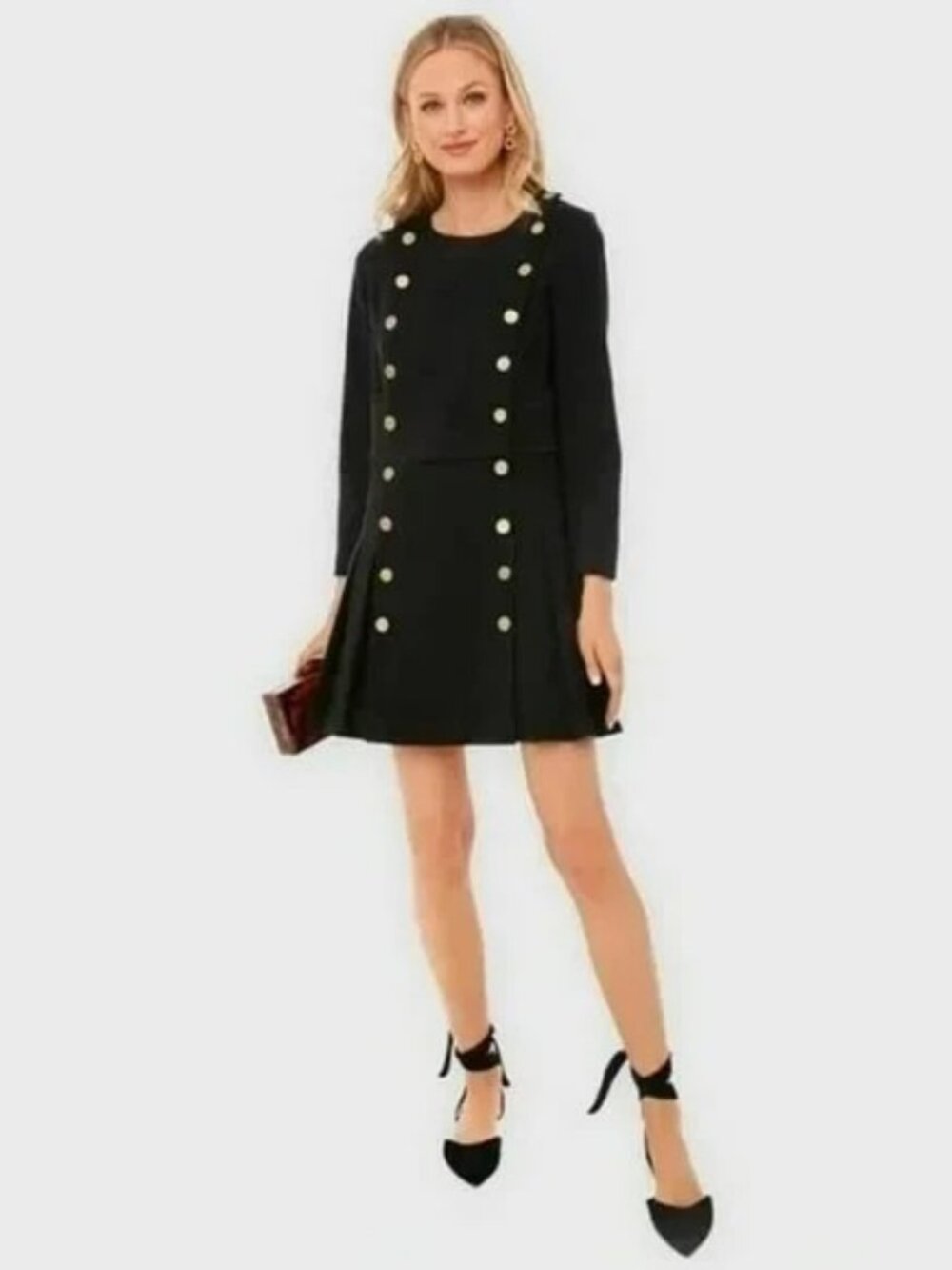 Tuckernuck Women's Black Whitney Mini Dress Pleated Gold Button Drop Waist sz M